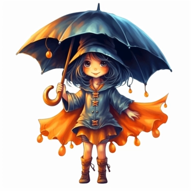 Cute Adorable magical little witch holds laterally a huge umbrella in his hand wears a raincape and stand in the rain on a country road, correct umbrella, clipart, high detail, 8k polished, 8k, vibrant colors, white background, sticker
