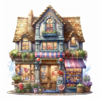 a very cute toy shop with lots of toys , clipart, exterior view, cozy, flowers, luminious, dramatic lighting, super detailed, daytime, Thomas Kinkade style, watercolor, 8k, on isolated white background