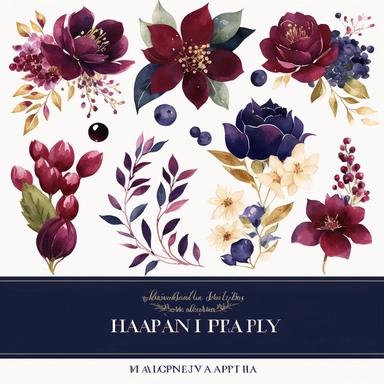 Burgundy Navy Watercolor Elegant Floral Clipart banner, Watercolor Flowers in the style of clipart banner. Burgundy Navy flowers clipart. white background