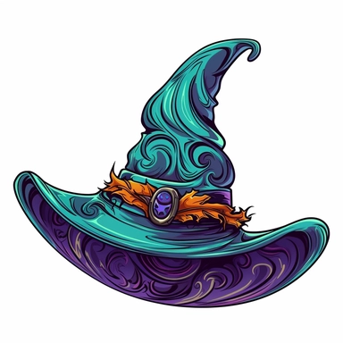 A spooky witch hat with a wide brim, tall with a curved point. The hat is adorned with a colorful band and a decorative buckle, giving it a touch of charm. White background, vector, cartoon clipart, contour.