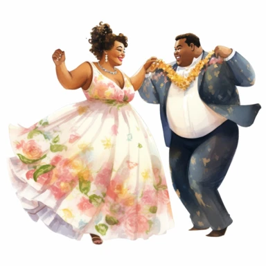 Overweight Afro-Caribbean bride and slim Chinese groom, dancing gracefully, elegant and enchanting, watercolor, Pixar style, Clipart on a white background.