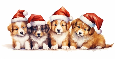 Cute golden collie puppies in a line, dressed in cute christmas outfits, playful, vivid colors, white background, ornamental watercolor clipart, I can't believe how beautiful this is