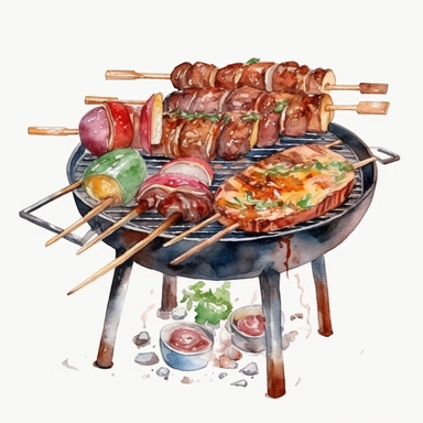 Watercolor BBQ Clipart - Barbeque grill kebab clipart , Watercolor Clipart , original hand drawing, style of the artwork, mood of the artwork, white background, 8K quality, ultra detailed , clipart, white background, High Quality, ultra detailed