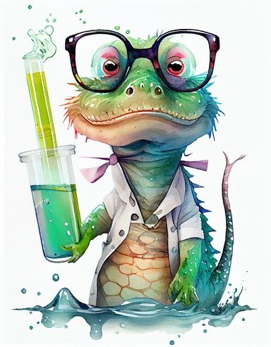 detailed watercolor kawaii crocodile with eyeglasses wearing a lab gown holding a test tube with chemicals, facing front, isolated on a white background, clipart
