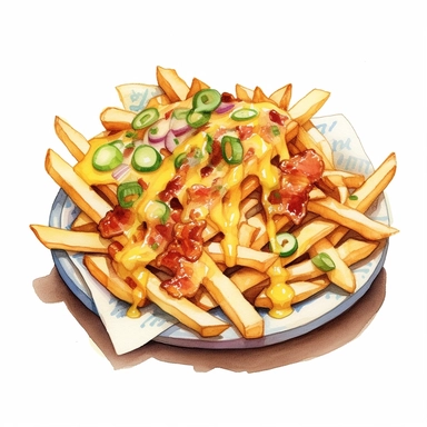 an enchanting watercolor, hyper-realistic clipart image with a white background and white margins, featuring a platter of loaded cheese fries--fries smothered in melted cheese and topped with bacon bits and green onions. The ultra-detailed, hand-drawn elements capture the gooey cheese and crispy fries. Use bold shades of yellow, orange, and green to create a visually captivating image that conveys the indulgent and satisfying nature of this cheesy delight.