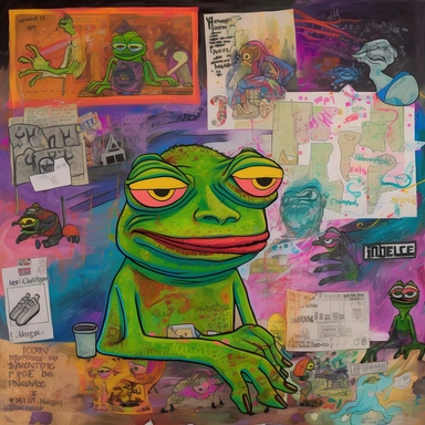 a mixed media colorful compostion of pepe the frog Matt Furies character from Boys club, including sketches of big fish, sketches of men at the computer, bonfires, maps, pepe memecoin, NFT, handwritten cursive love letters, newspaper clippings of presidential elections, sketches of snorklers in the style of davinci, photographs of beaches, small handwritten notes and tropical themes in the montage style of tony caramanico