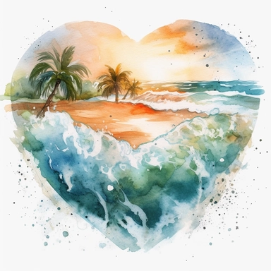 Heart beach, retro beach, beach heart, sunshine, watercolor beach heart clipart, hd, on white background, spaced out ar 3:2-- s1000