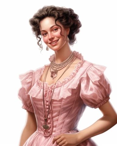 detailed smiling beautiful lady , dressed in a pink victorian vintage dress with necklace, hyper realistic, 8k, isolated on white backgorund, clipart