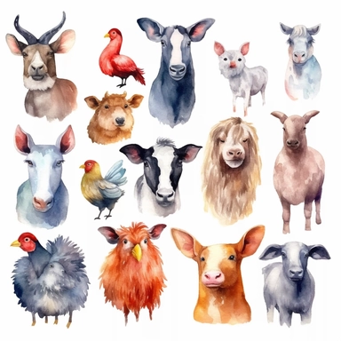 Watercolor FARM ANIMALS, clipart, isolated on white background