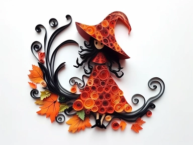 paperquilling halloween, witch and autumn leaf and pumpkin, clipart, white background