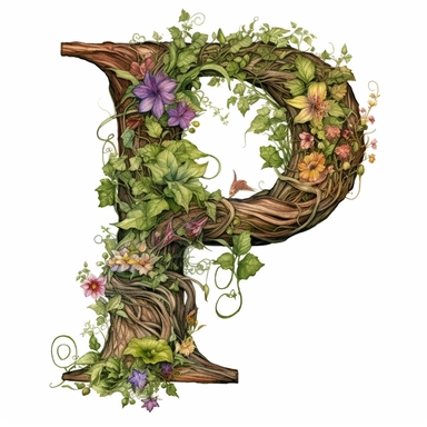 vintage letter P Made Of Tree with vines wrapped around, flowers. moss clings to, illustration clipart, high detailed, white background, digital art