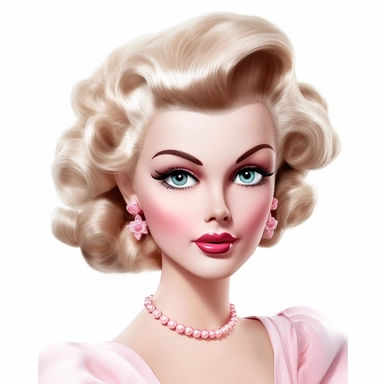 Beautiful pretty barbie doll 50's style, paint art style, detail, clipart, white background, superrealistic, one of a kind
