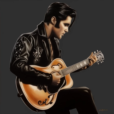 portrait view, full view, head to toe, beautiful image of Elvis Presley dressed in black leather jacket, black leather pants, with guitar and microphone, romantic, ethereal, fantasy, sharp focus, high detail, 8k, illustration clipart style, transparent background, (--iw 8)