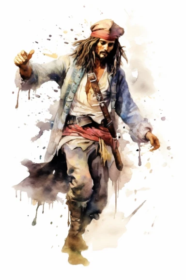 Clipart style, full-body figure of Jack Sparrow fighting, disney cartoon characters, low detailed, aquarel painting style, volume and bright colors, white background