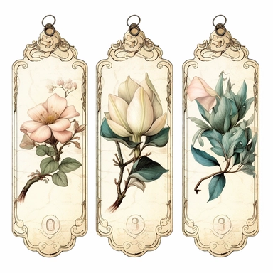 victorian number tags, clipart, isolated, with boquet of magnolia flower and delicate vines
