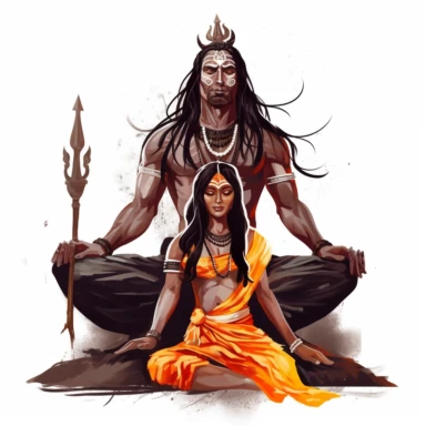 Clipart of Shiva, the Adiyogi, with his consort Parvati, illustrating the balance of masculine and feminine energies, Etsy-featured seller, clean white background