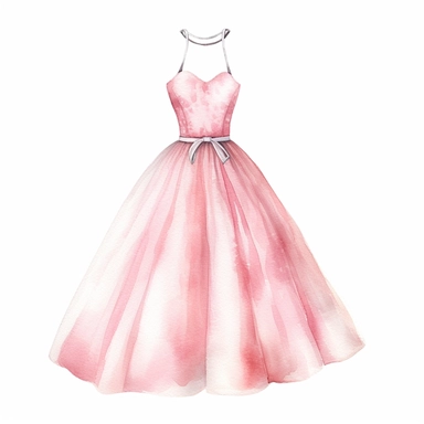 Watercolor pink elegant party dress drawing, illustration clipart, high detailed, white background, digital art