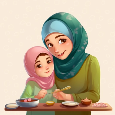 As a woman wearing hijab 28 - year - old making dinner, little kid six - year - old beside the woman, cartoon character, art, image clipart, high definition drawing, clean colors, balanced colors