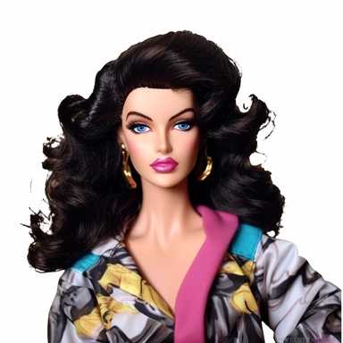 Beautiful pretty barbie doll 80's style, dark hair, paint art style, detail, clipart, white background, superrealistic, one of a kind