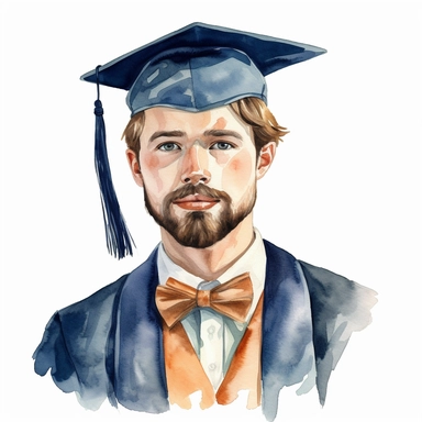 watercolor male student with facial hair graduation clipart on a white background
