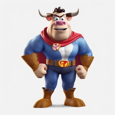 a cow dressed as superman, big muscles, full body image, pixar style, clipart