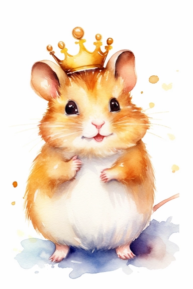 Create a watercolor clipart picture of a happy princess hamster with a tiara, white background. The hamster should have a cute and happy expression, with its fur depicted in soft watercolor textures.