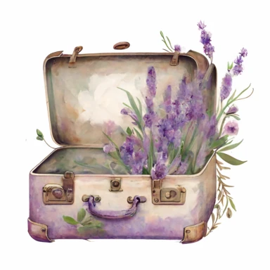 clipart watercolor detailed realistic, white background. old suitcase is open, lilac color. inside there is a lot of lavender flowers
