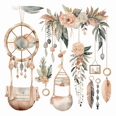 Create watercolor clipart of a boho baby mobile, featuring items such as geometric shapes, pom poms, and wooden beads. Use intricate patterns and muted colors to capture the playful yet understated boho vibe, white background