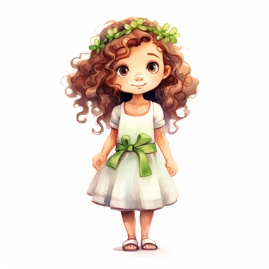 4 year old cartoon Pretty girl, cute cartoon white skin girl with medium lenght curly hair, wearing a white dress patterned with little color flowers and a green belt, smiling with her arms crossed. Pixar childrens book cartoon style, detailed, modern, urban, watercolor, full color, flat color, white background, children book illustration. Watercolor clipart. Pixar animation