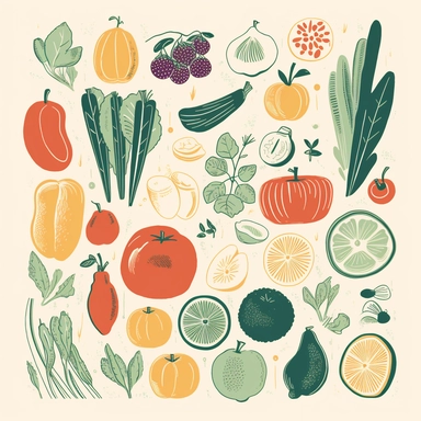 Minimalist food item clipart, featuring simple and elegant depictions of various fruits, vegetables, spices, and other ingredients that can be used in recipe cards, menus, or food blogs. Use constrasting colors to make the items stand out against the background.
