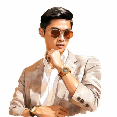 llustrate watercolor clipart of an handsome beautiful Asian fashion man focusing on stylish accessories like watches, sunglasses, ties, hats, or statement jewelry, clipart, watercolor, white background