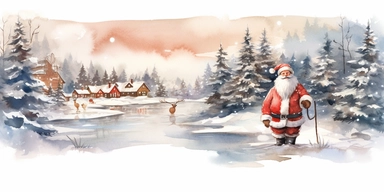 christmas theme Watercolor Cute santa claus wearing red & blue Clipart Collection in beautiful winter landscape with a lot of snow and a small lake, christmas theme, detailed, isolated, white background, one pattern,