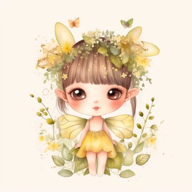 Small and cute forest fairy with big eyes and cute fairy ears, yellow flowers, pink flowers, water elements, with bugs, with birds, overcute, looking to the camera,cartoon, clipart, watercolor, white background, summer flowers at the bottom, cute, love vibes, summer vibes, png