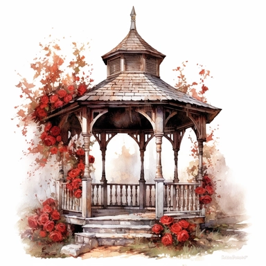 A beautifully weathered Victorian garden gazebo, its aged woodwork blending with the surrounding landscape. The worn details and faded colors evoke a sense of tranquility, and an abundance of vibrant red roses cascades down the gazebo, creating a breathtaking floral sanctuary. White background, clipart, watercolor, intricate detail.