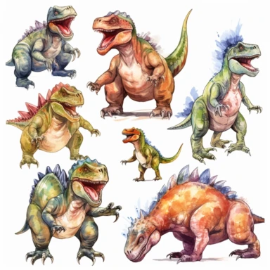 aggressive dinosaurs, full body, clipart set on white background, watercolor