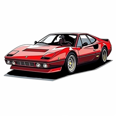 in clipart style, vector image, A meticulously crafted illustration of a red 1975 Ferrari 308 GTB , highlighting its iconic design and graceful contours, placed against pure white background (style: evoking the accuracy and refinement of classic automobile blueprints) (lighting: (colors: an elegant palette for the car's body set against a pristine, white backdrop) (composition: captured from a side view or three-quarter angle using a 35mm lense ensuring enough space is between the car and pictur