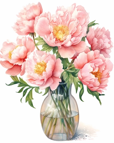 vibrant watercolor bouquet of pink peony flowers on a glass vase with water, isolated on white background, realistic, clipart