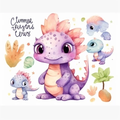 watercolor clipart of an adorable cute little dragons clipart, different lateral standing poses, beautiful tails and wings, cute cartoon mystical animal