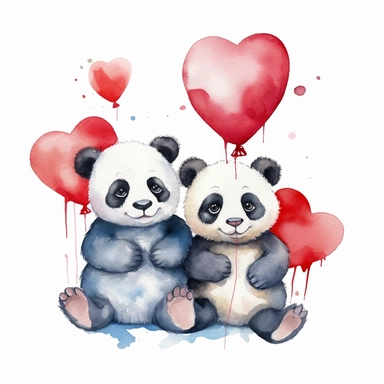 Clipart, watercolor, white background: Two baby pandas sitting side by side, holding a heart-shaped balloons, symbolizing love and friendship.