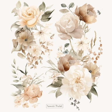 Create a collection of exquisitely detailed watercolor floral clipart, featuring neutral-toned flowers and premade bouquets. The flowers should showcase a range of neutral hues, including soft whites, creams, beiges, and subtle blush tones. Incorporate a variety of floral elements such as roses, peonies, hydrangeas, and other delicate blooms, each with intricate petal details and realistic textures. Design premade bouquets that effortlessly combine these neutral florals into elegant arrangements