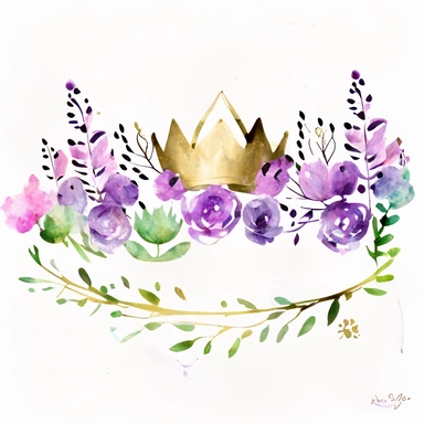 line of purple and lilac watercolor flowers with a simple clipart princess crown on top, watercolor gold, pink, purple, green leaves, white background