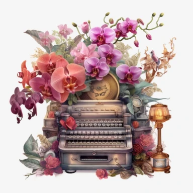an illustration in watercolor style, an arrangement of a number of dramatic extravagant saturated digital 3D orchid, surrounded by a fairy old and used 1900 collector's item cash register profil view, in the style of large-scale photography, lush detailing, light colors, playfully intricate, made of flowers, bloomcore, clipart, transparent png background