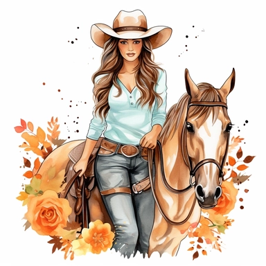Just A Girl Who Loves Pumpkin Spice Cowgirl horse riding Sublimation Design , style by Lucy Fleming, watercolor, smooth gradients, black contour outline, ultra detailed, clipart elements, delicate pastel colors, solid white background, super clear, high quality