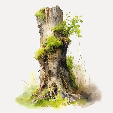 realistic bark sculpture cover in moss clipart watercolor