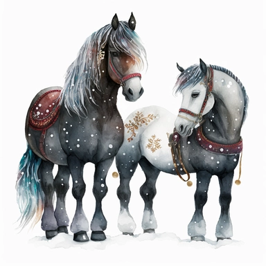dark academia, horses, snow, fairytale, Christmas, swedish folk art, watercolor, white background, clipart