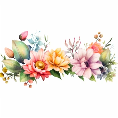 watercolor, Horizontal white banner or floral backdrop decorated with gorgeous multicolored blooming flowers and leaves border. Spring botanical png Full body realistic cartoon in 32K UHD cute. 15 cm thick outline. Black color. There was no shadow on the ground. 8k with realistic watercolors and detailed illustrations. PNG clipart, transparent white background