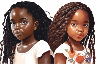 Two beautiful child black girls, African American on a white background showing their braided long Hair fashion, slightly smiling, clipart, painting and nouveau style
