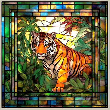 Rectangular stained glass window design, square corners 90 degrees, no background, view from solarium in the atrium, tiger in the rainforest, very detailed, clipart, clear crisp colors, photorealistic, oil paint, happy, beautiful, bright colors, cute, ultra-detailed, on a white background - - no cropping