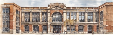 watercolor exterior of a Chicago Public high school entrance in the 1950s clipart, high resolution on white background