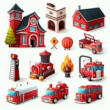 cartoon fire station clipart set vector white background